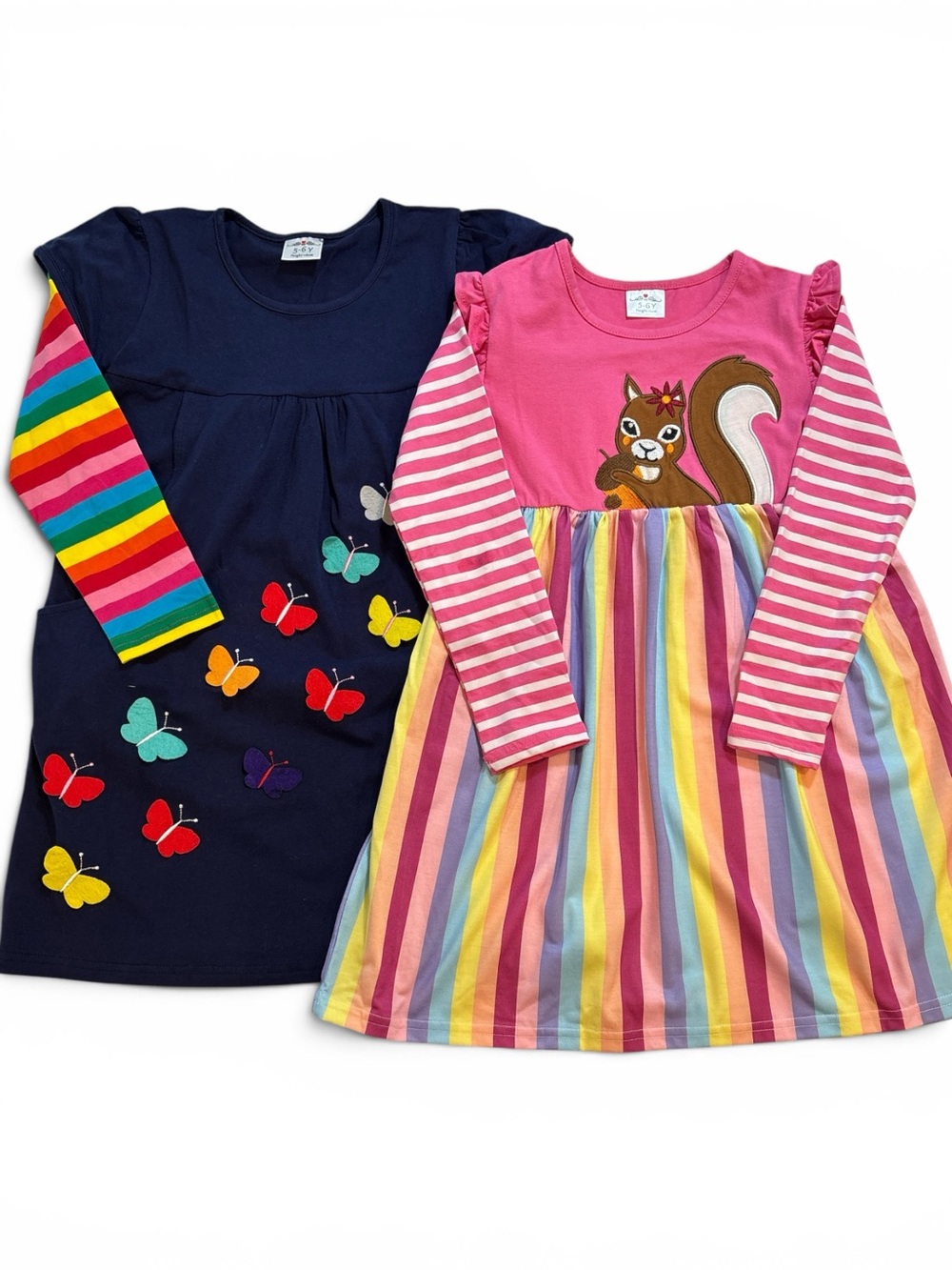 Girls Rainbow Stripe & Navy Butterfly Long Sleeve Dress Set
